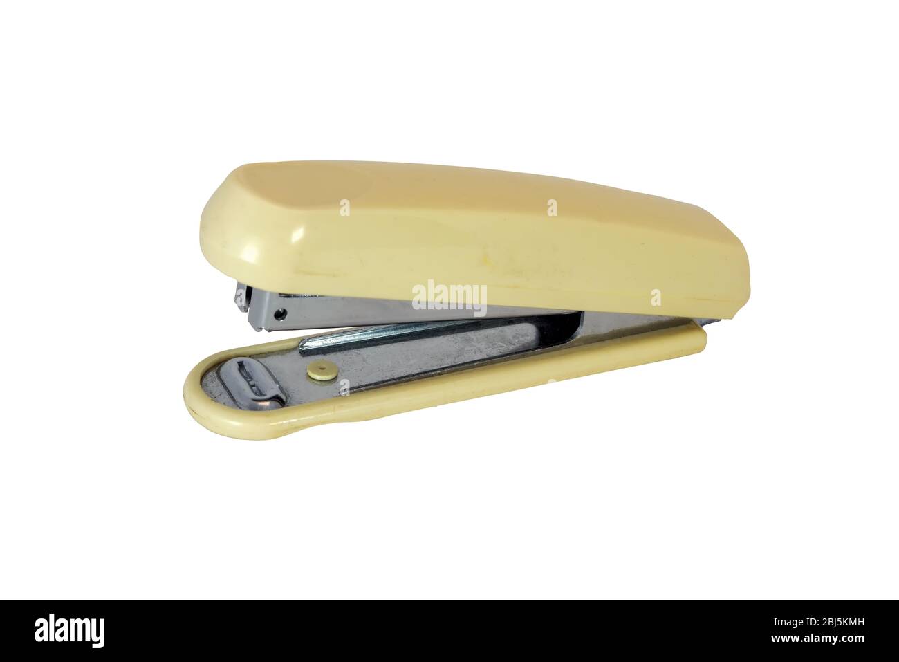 Clerical stapler close-up on a white background. side view. Stock Photo