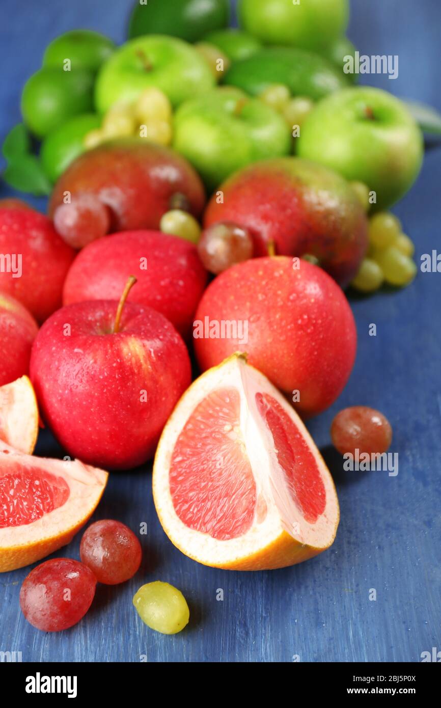 Fruits on dark blue wooden background Stock Photo