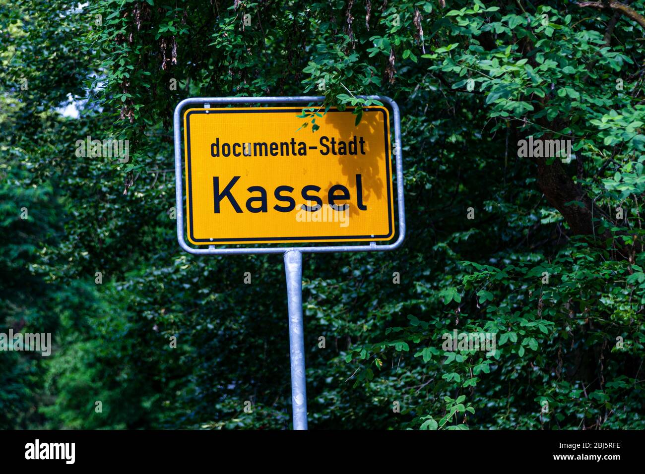 Town Sign. Kassel has been the documenta City since 1955 Stock Photo