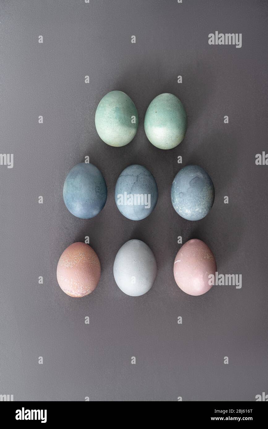 Setting easter table with colored eggs Stock Photo