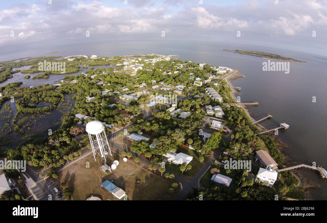Looking Southeast over the coastal town of Cedar Key Florida Stock Photo