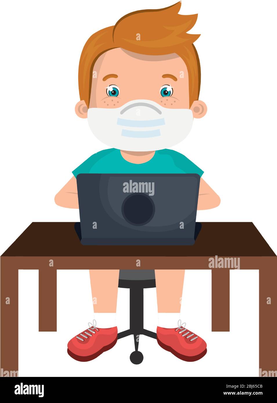 boy using face mask with laptop studying online Stock Vector
