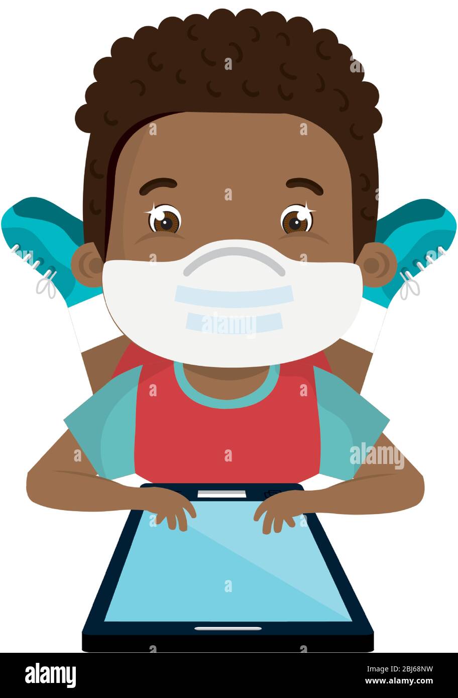 boy using face mask with tablet studying online Stock Vector