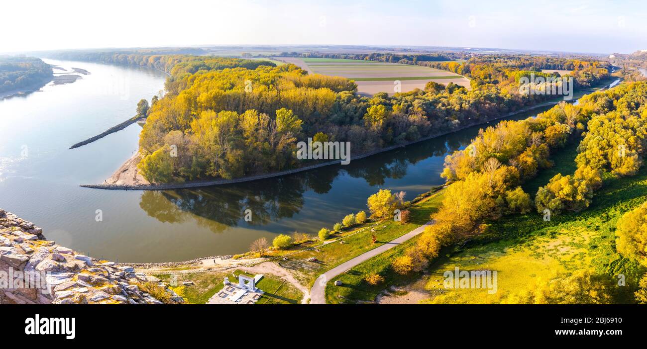 Slovakian Rivers Panoramic scenery view of Danube and Morava rivers. Confluence of two ...