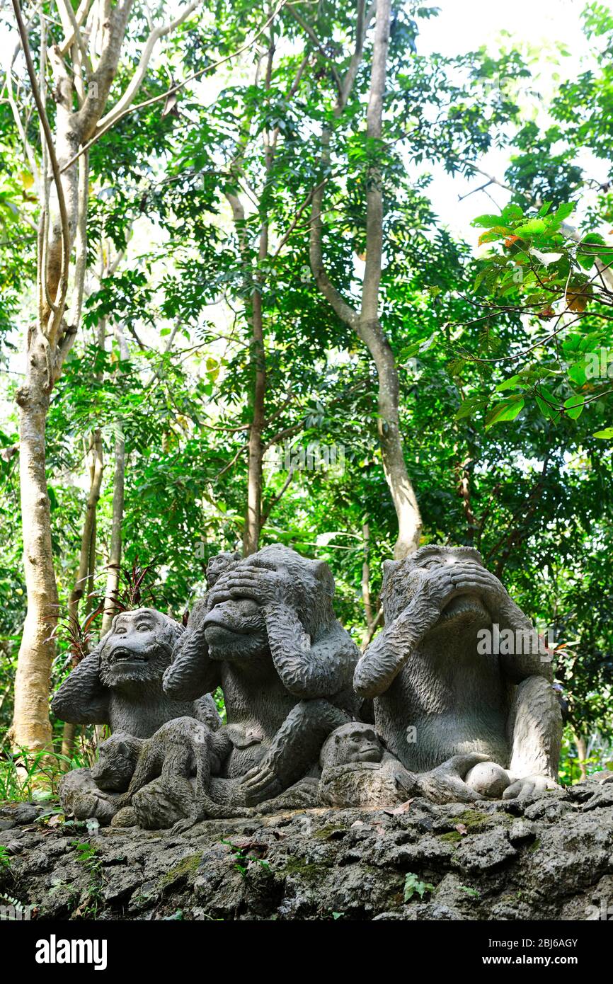 Three monkey figures, see nothing, hear nothing, speak nothing, monkey statue, monkey forest of Ubud, Ubud, Bali, Indonesia Stock Photo