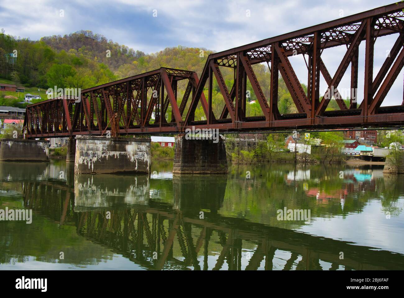 railroad bridge over the Gauley River in Gauley Bridge WV USA. Stock Photo