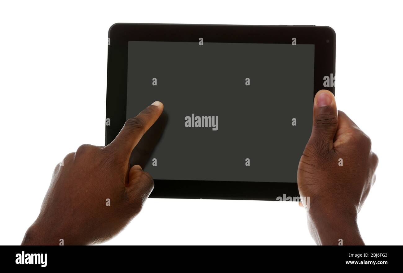 Male hands with tablet isolated on white background, close up Stock Photo