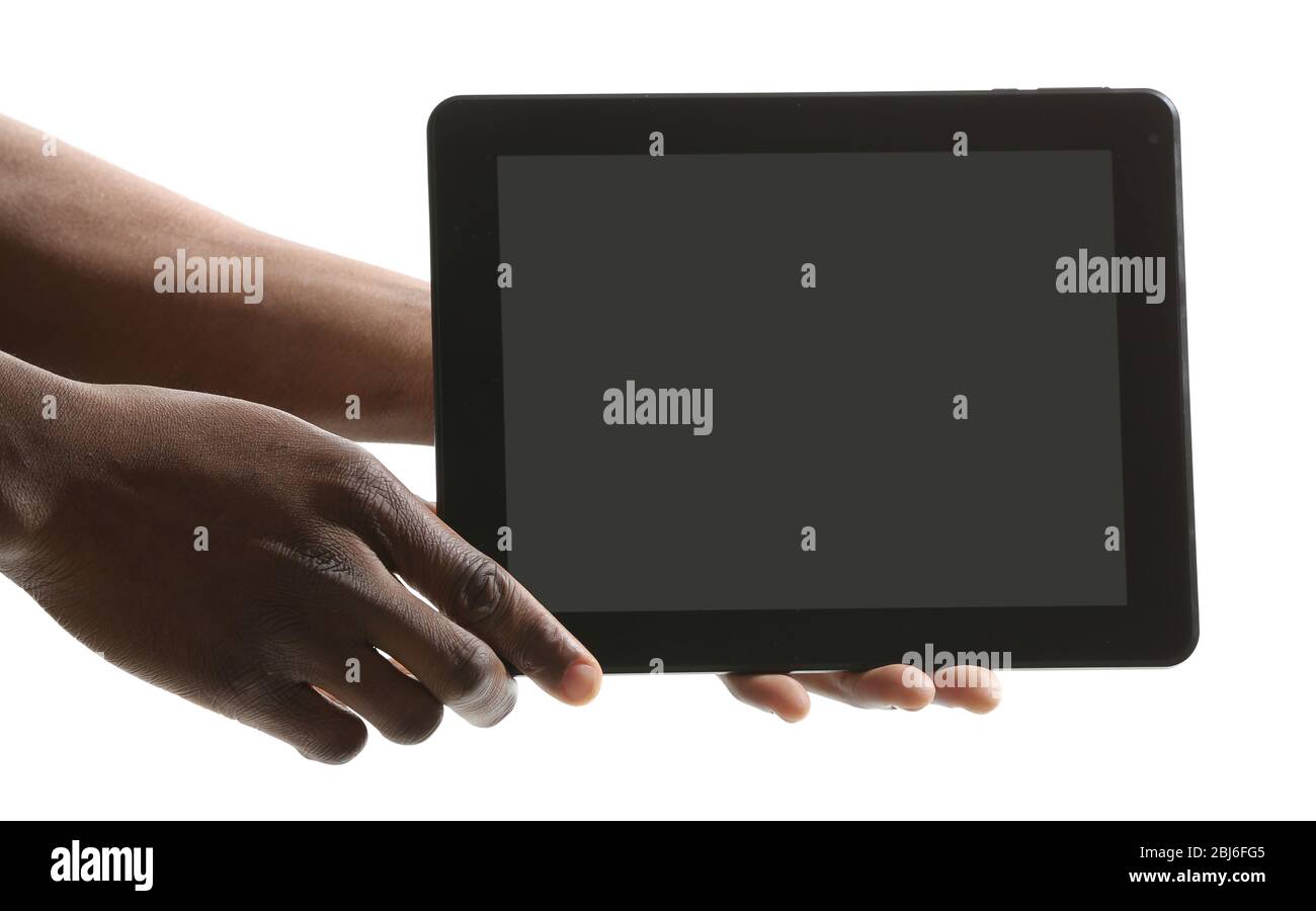 Male hands with tablet isolated on white background, close up Stock Photo
