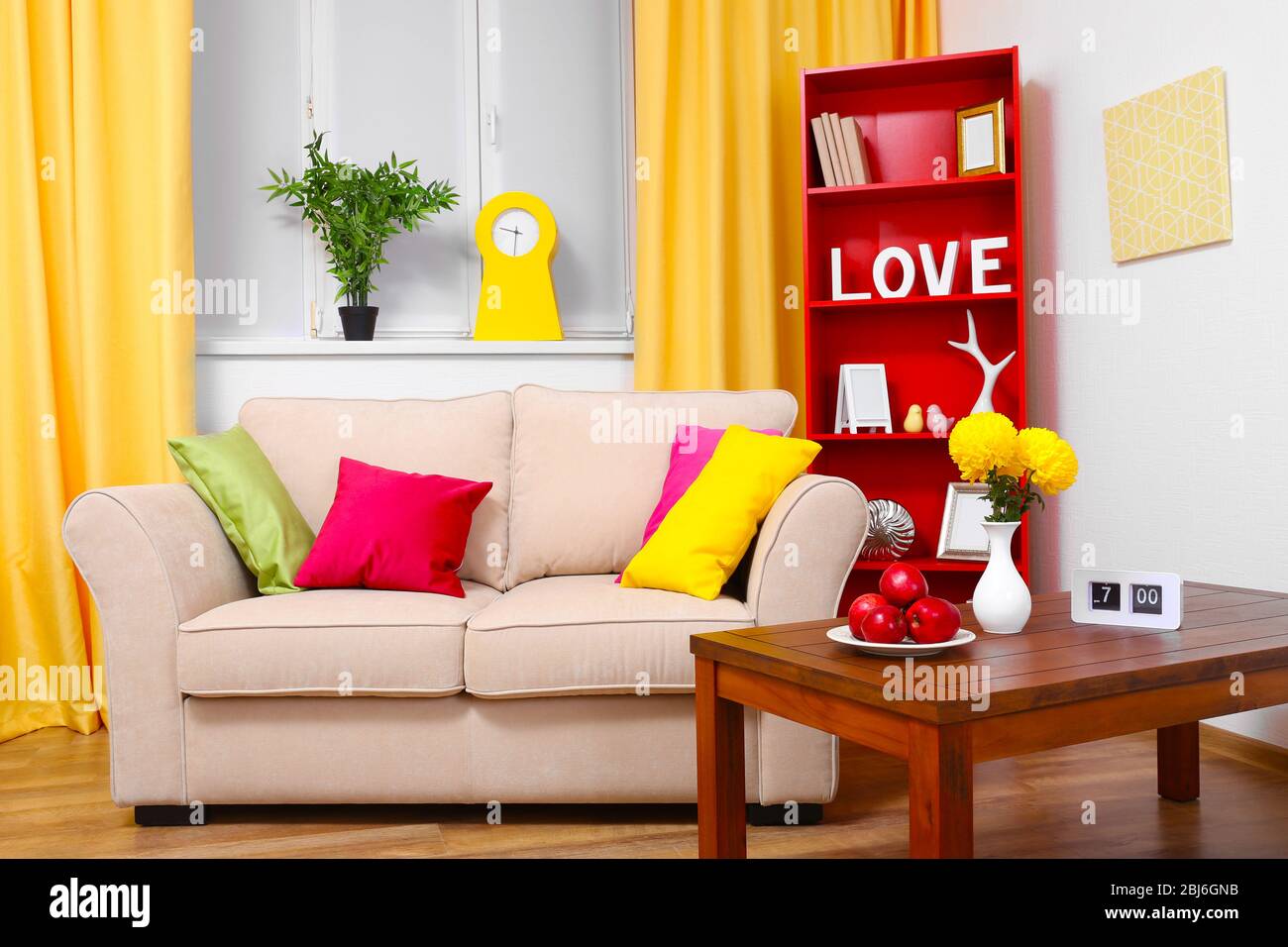 Modern interior design. Living room with sofa and bookcase Stock Photo ...