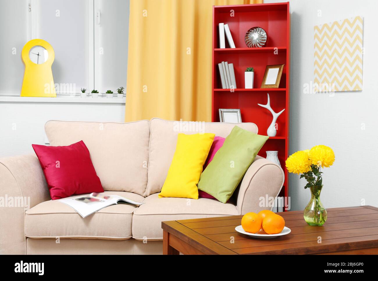 Modern interior design. Living room with sofa and bookcase Stock Photo ...