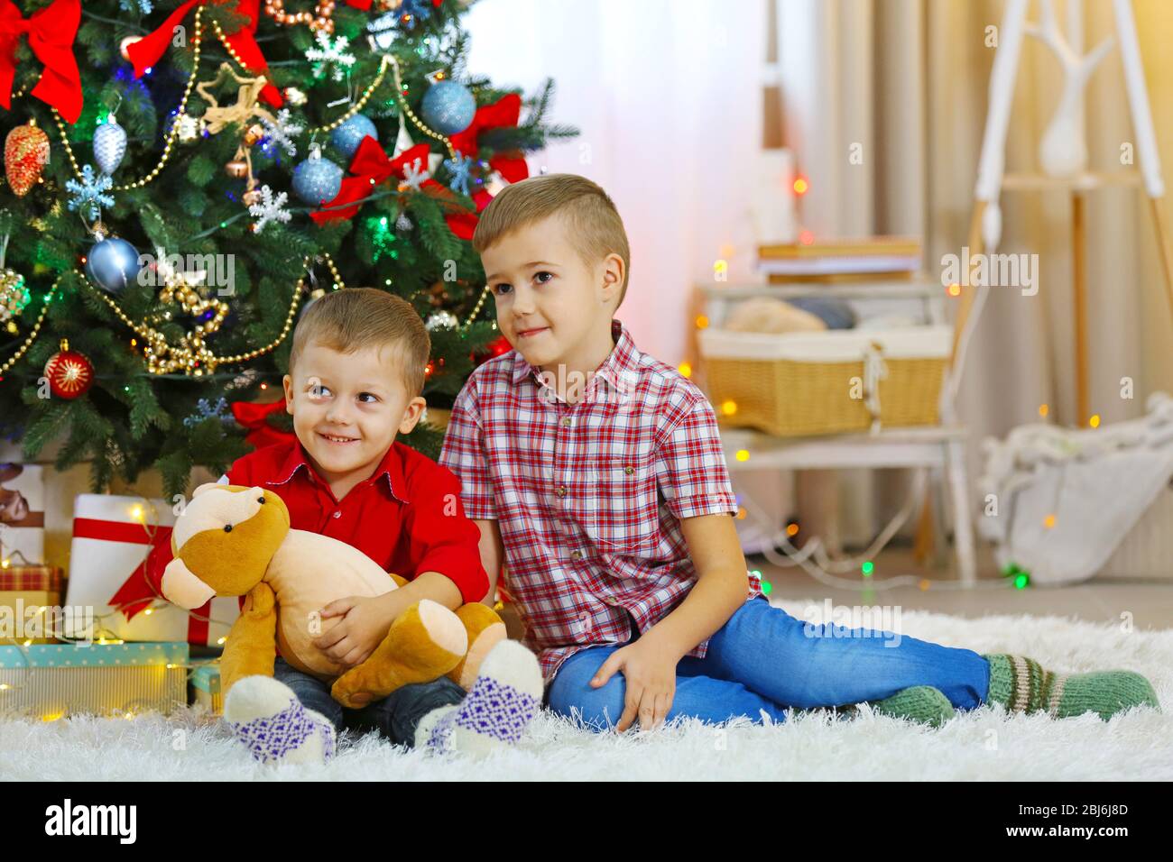 Two cute small brothers with teddy bear on Christmas tree background ...