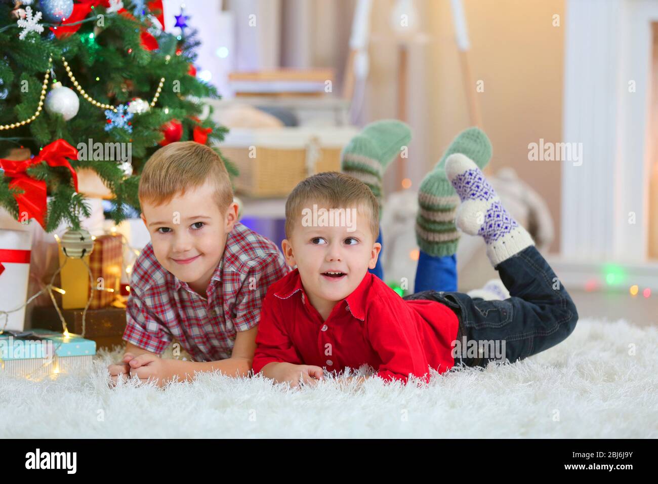 Two cute small brothers lie on carpet on Christmas tree background ...