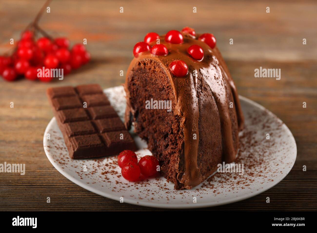 Piece of chocolate cake with snowball tree berries on a table Stock ...