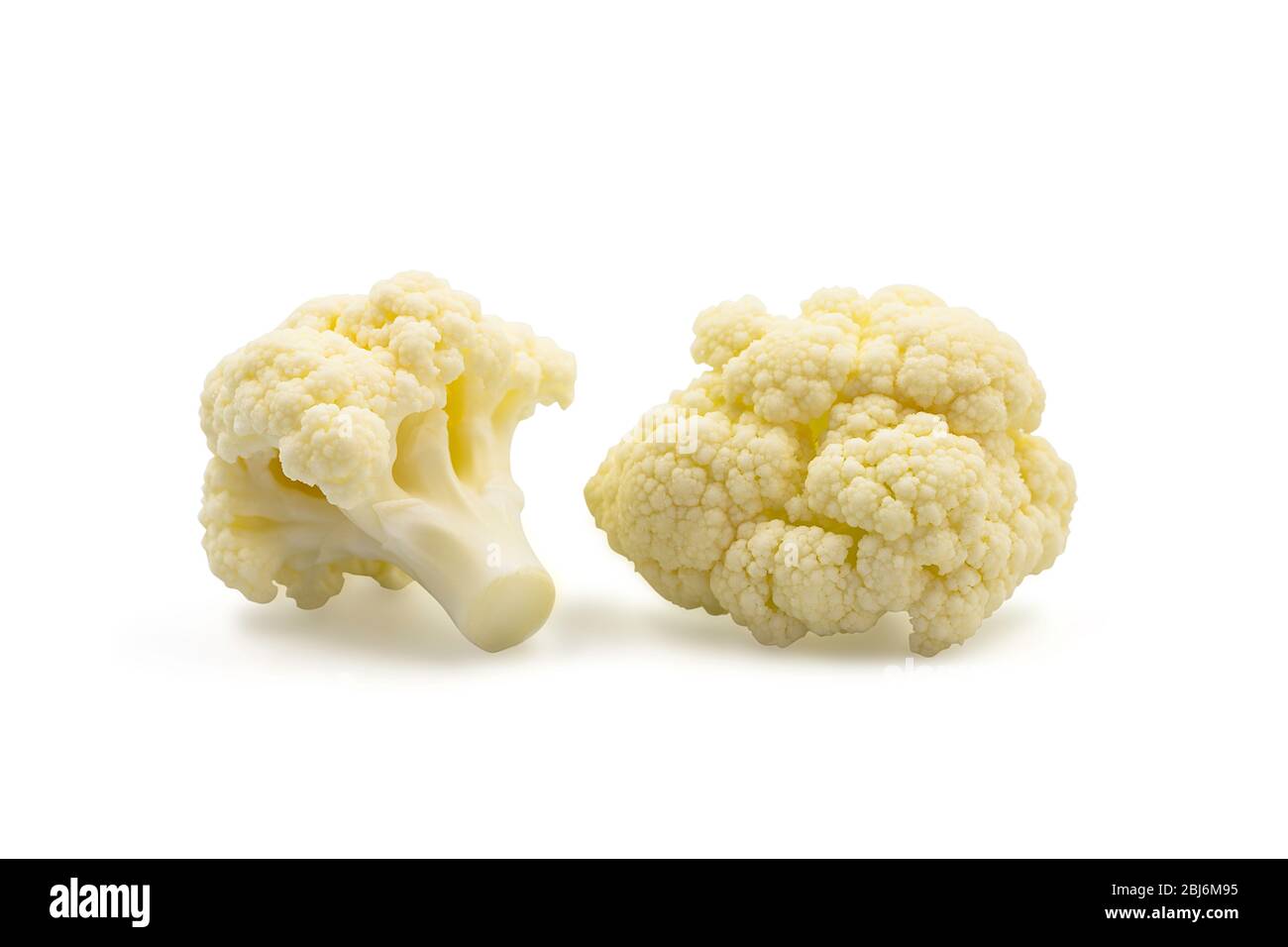 Two small pieces fresh organic cauliflower on white isolated background with clipping path. Cauliflower have high carbohydrate and fiber so crispy swe Stock Photo