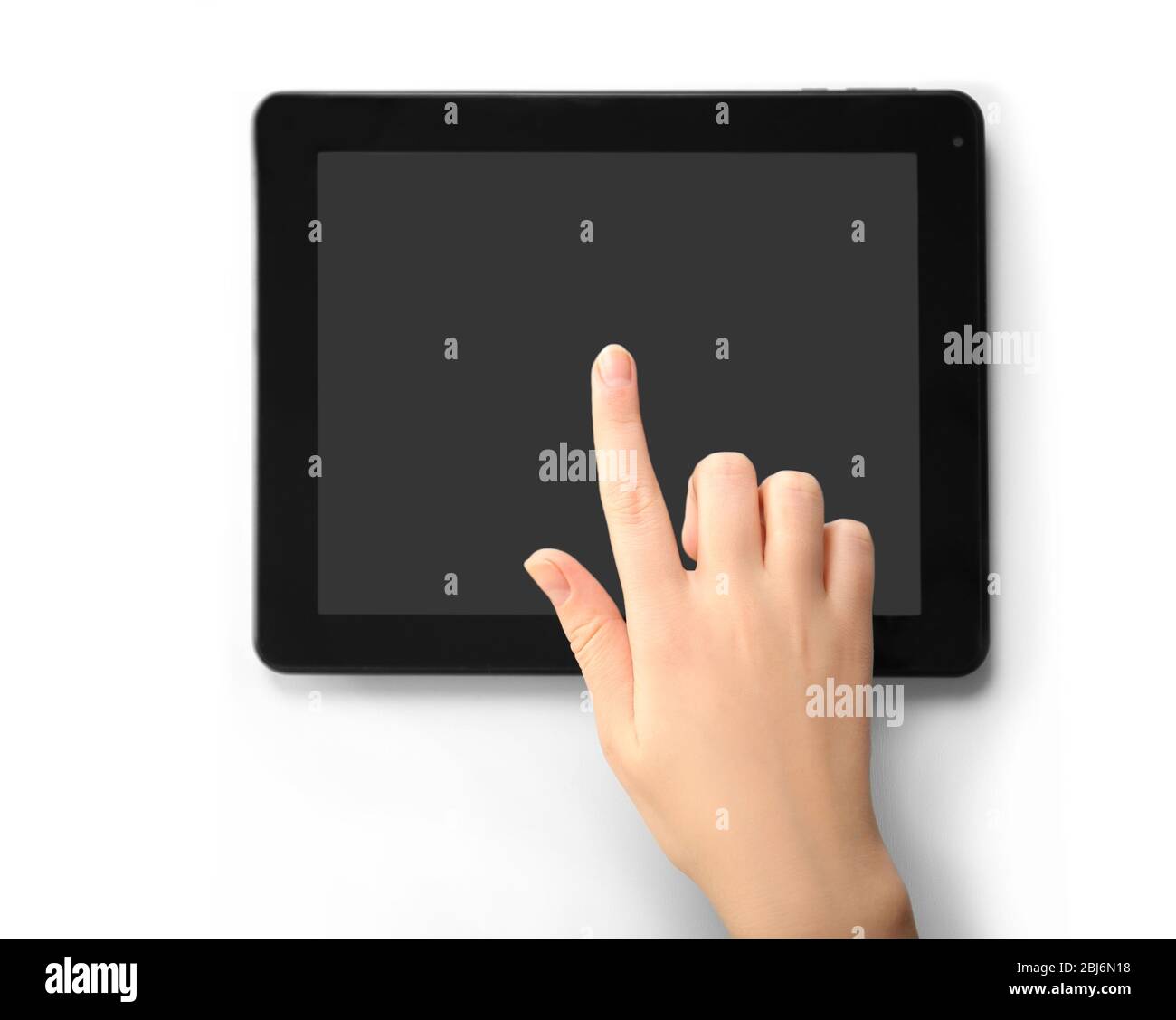 Female hand using modern tablet, isolated on white Stock Photo - Alamy
