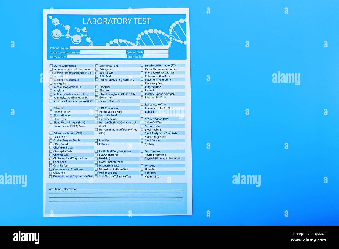 Laboratory test list on blue background, close up Stock Photo Alamy