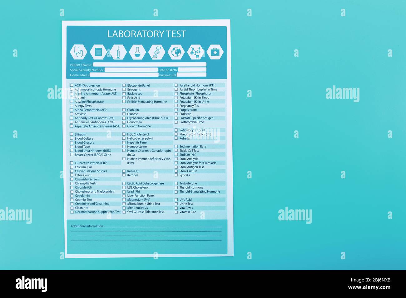 Laboratory test list on blue background, close up Stock Photo Alamy