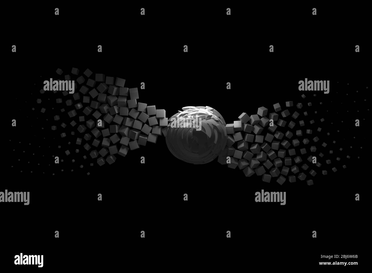 abstract composition with flying white boxes and polygonal spheres, in the shape of a wave on a black background. 3d illustration Stock Photo