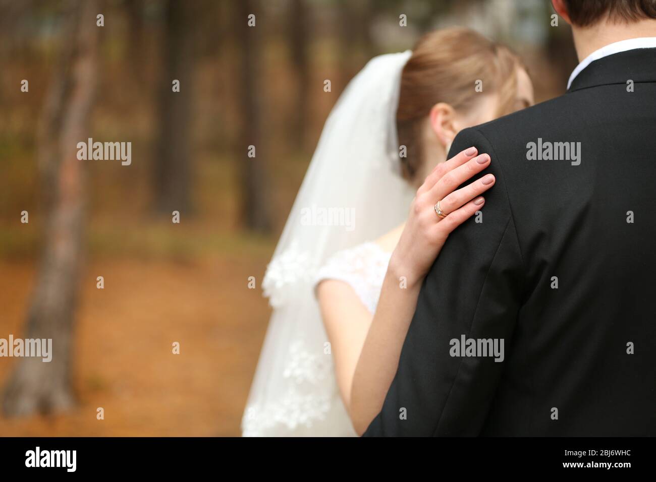 Happy bride and groom hugging on a forest background Stock Photo - Alamy