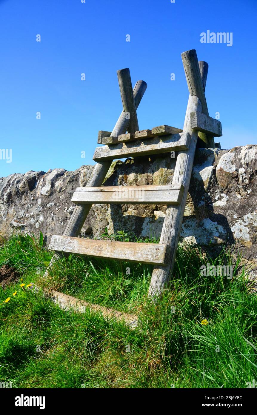 A climbing ladder style stile over a stone wall Stock Photo