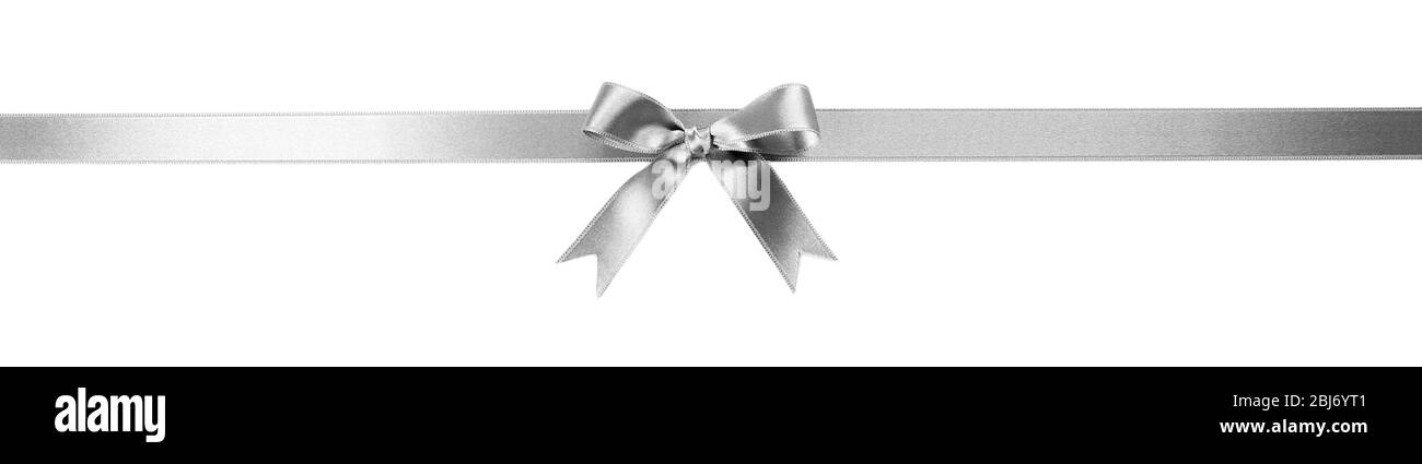 Silver silk ribbon with beautiful bow isolated on white background ...