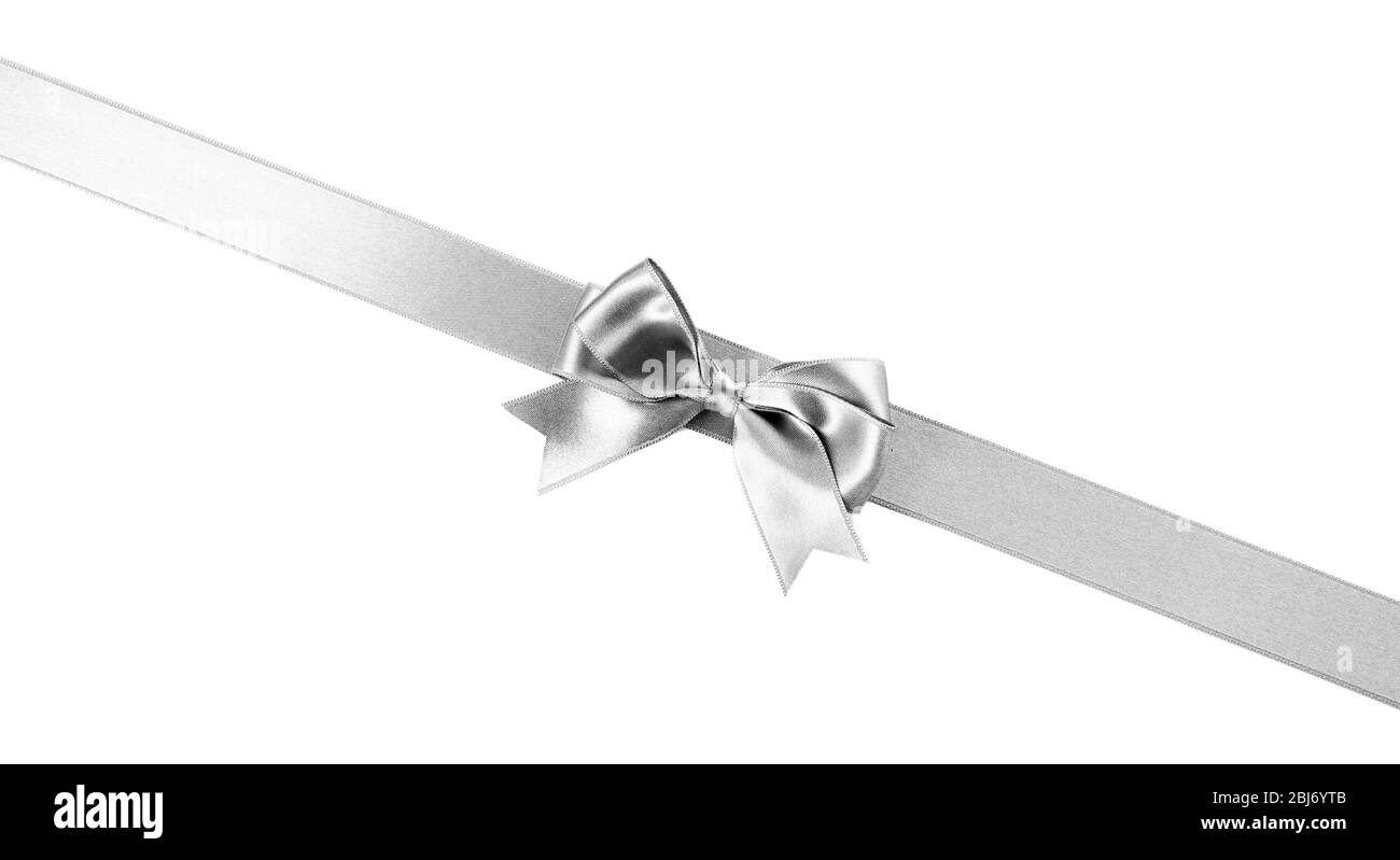 Silver silk ribbon with beautiful bow isolated on white background ...