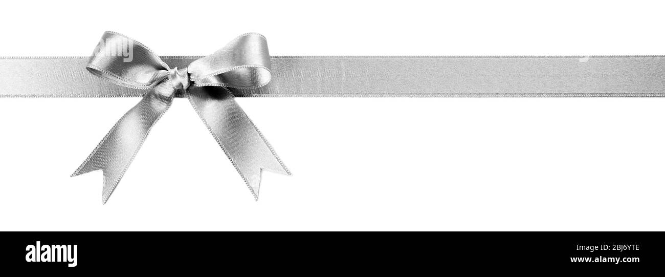 Silver silk ribbon with beautiful bow isolated on white background ...