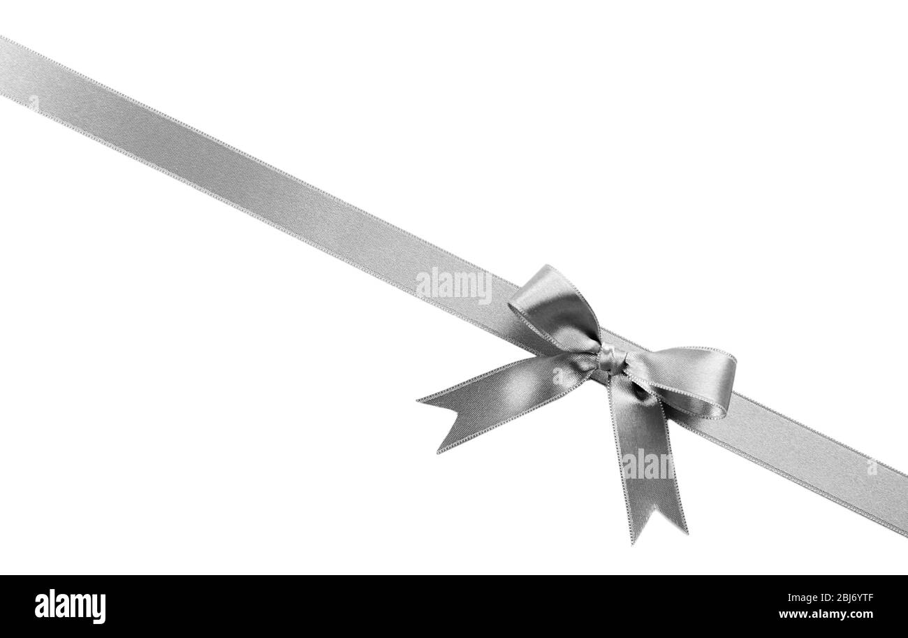 Silver silk ribbon with beautiful bow isolated on white background ...