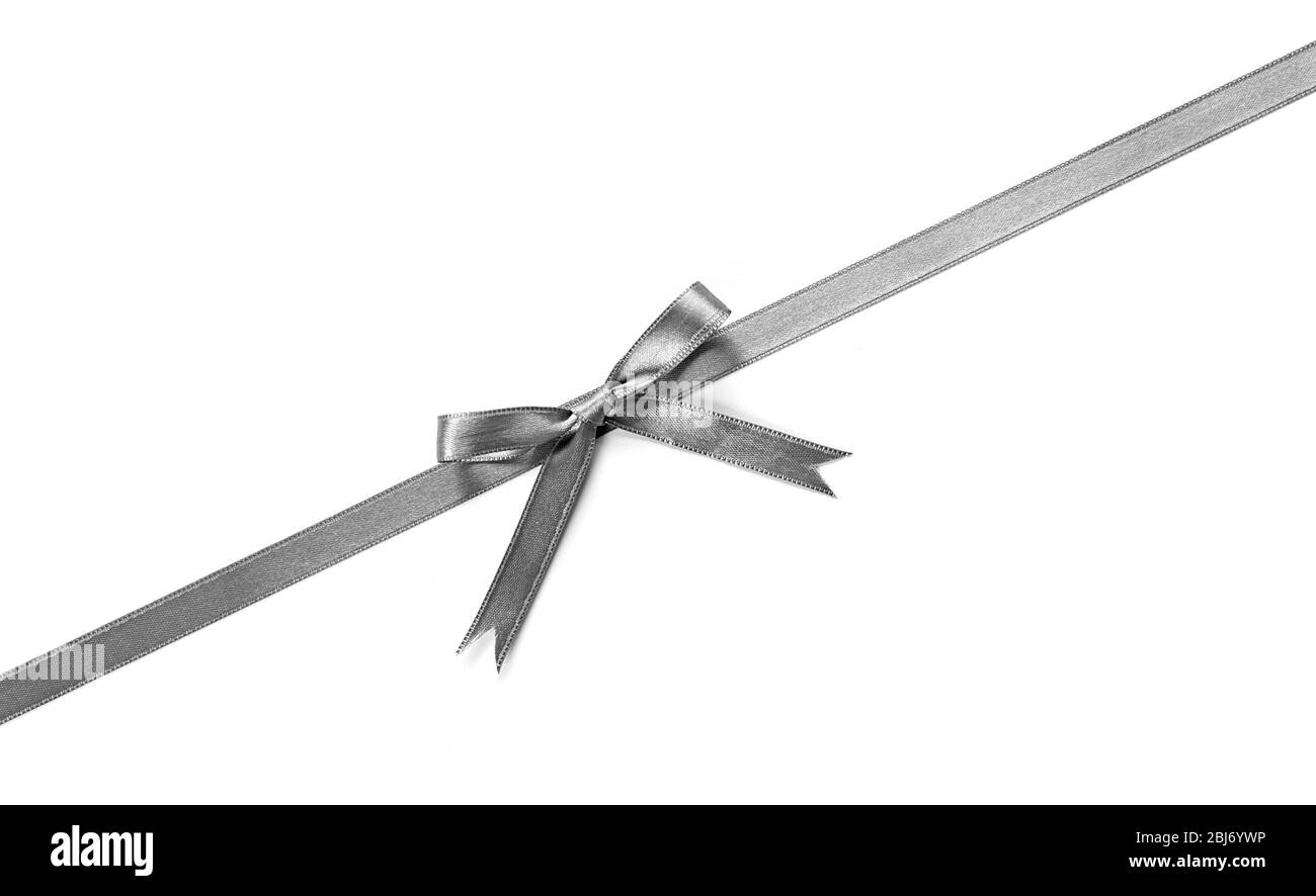 Silver silk ribbon with beautiful bow isolated on white background ...