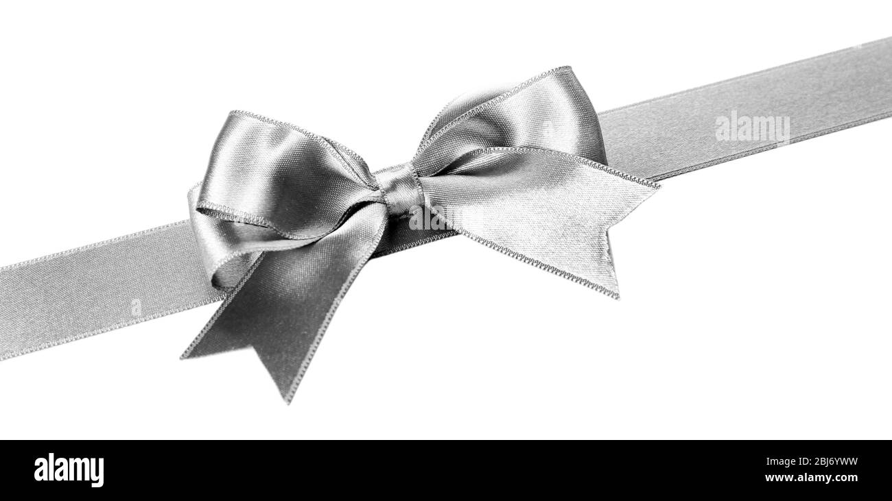 Silver silk ribbon with beautiful bow isolated on white background ...