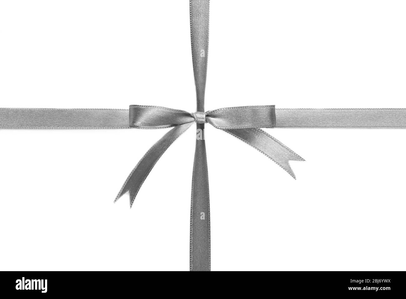 Silver silk ribbon with beautiful bow isolated on white background ...
