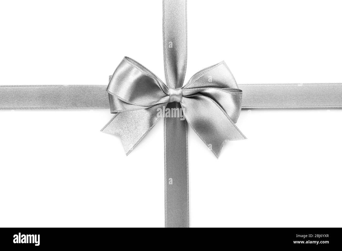 Silver silk ribbon with beautiful bow isolated on white background ...