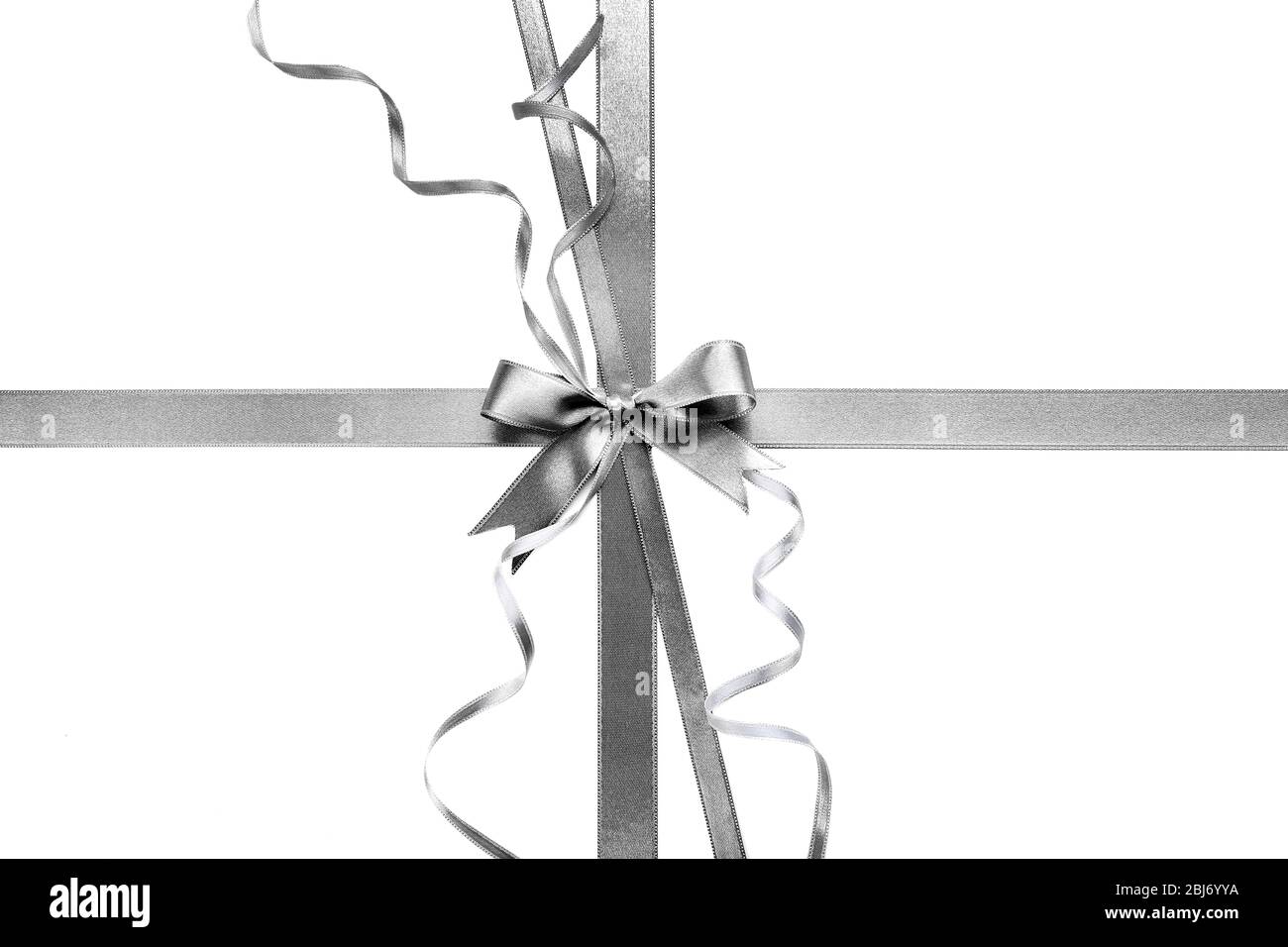 Silver silk ribbon with beautiful bow isolated on white background ...
