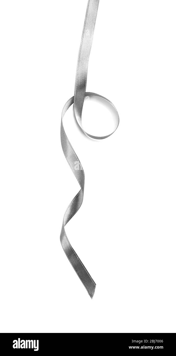 Silver silk curly ribbon isolated on white background Stock Photo - Alamy