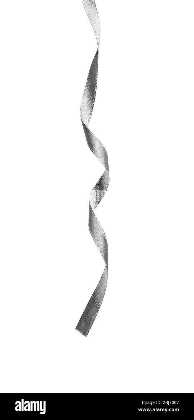 Silver silk curly ribbon isolated on white background Stock Photo - Alamy