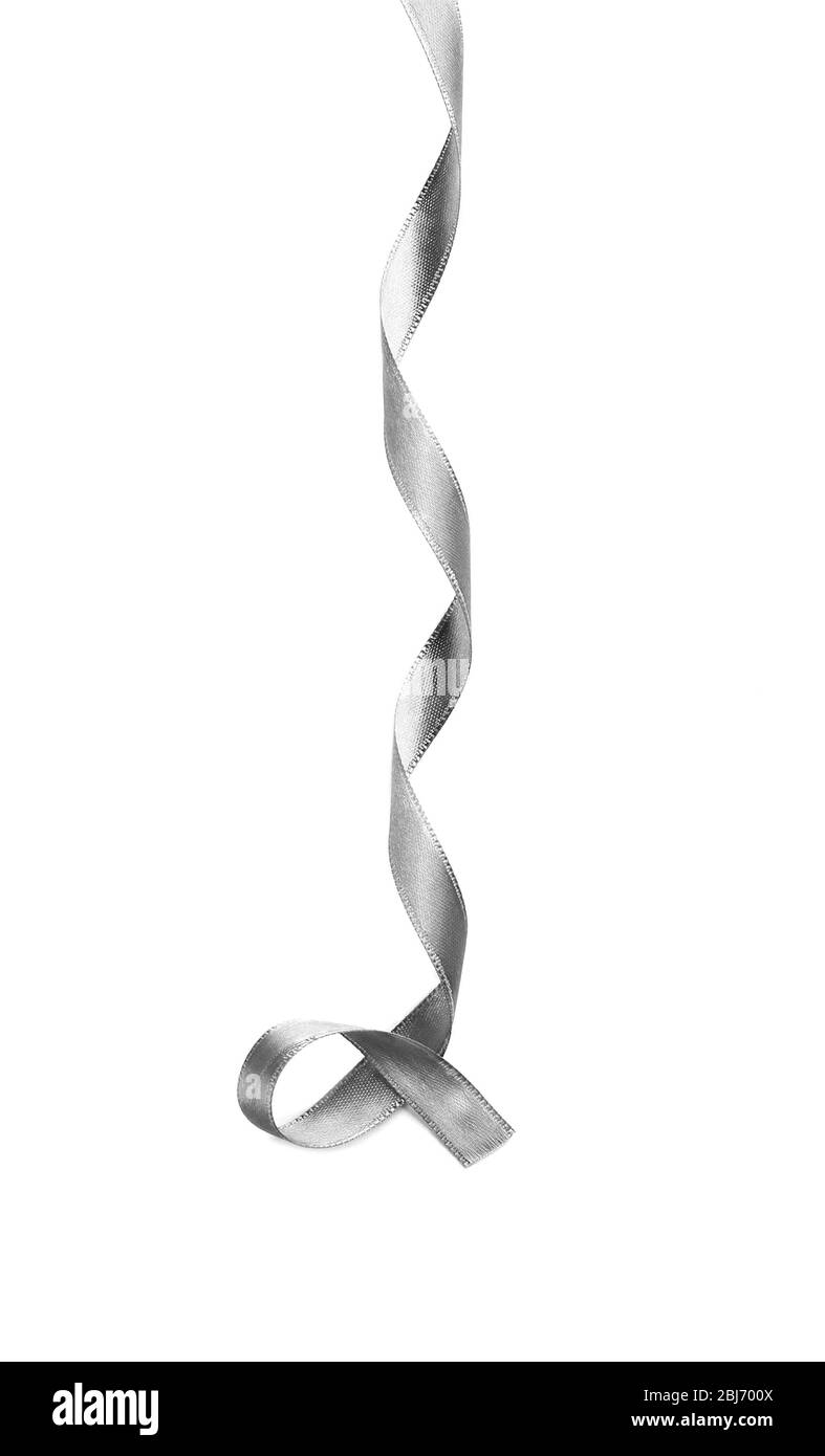 Silver silk curly ribbon isolated on white background Stock Photo - Alamy