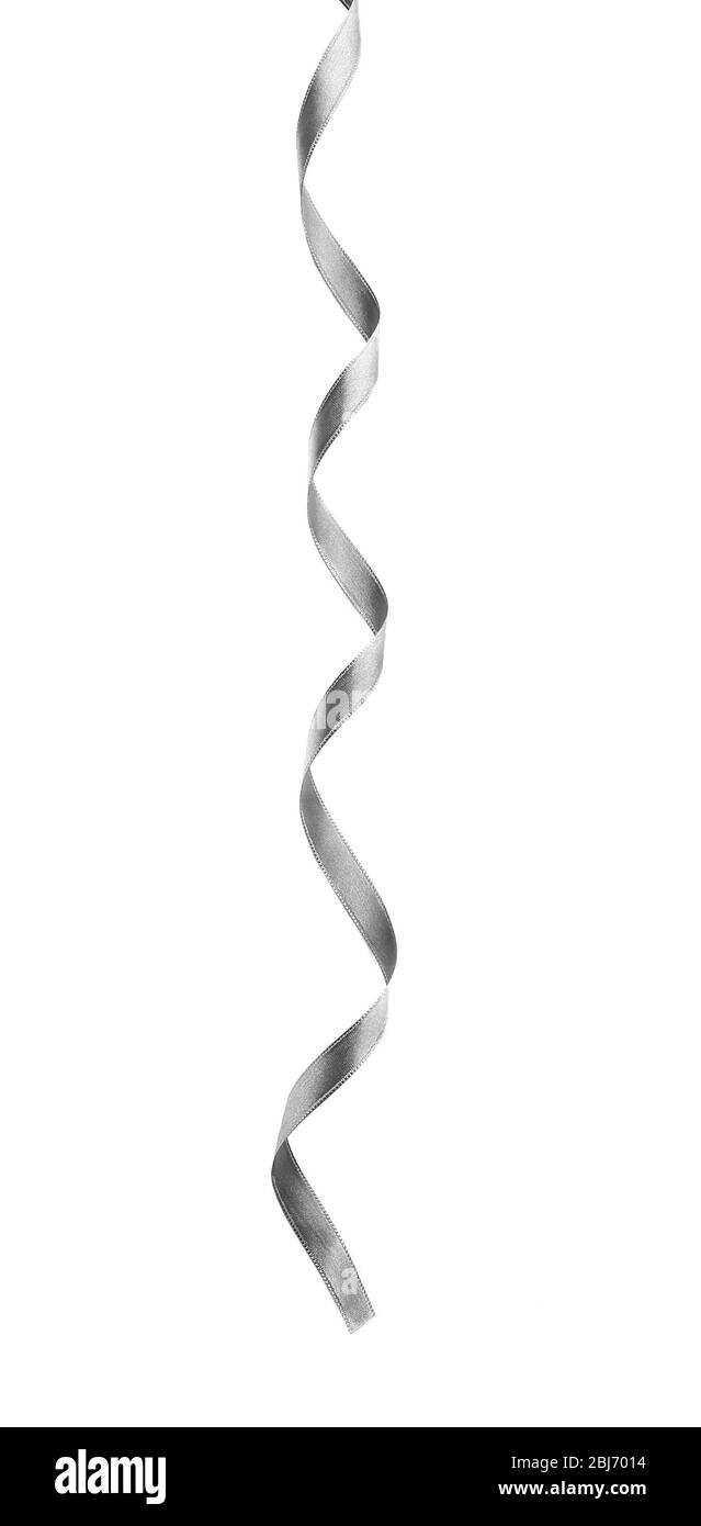 Silver silk curly ribbon isolated on white background Stock Photo - Alamy