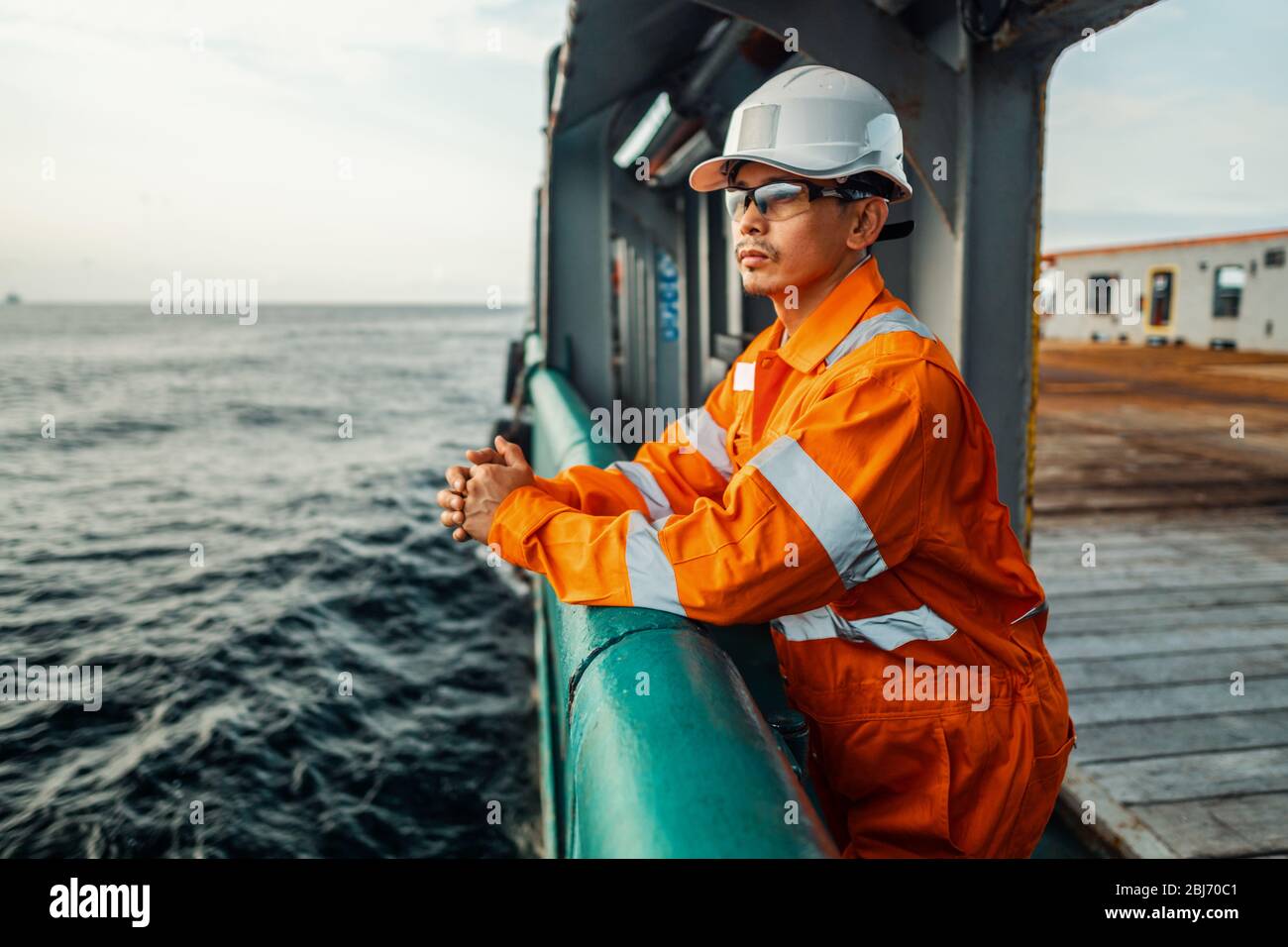 Filipino deck Officer on deck of vessel or ship Stock Photo