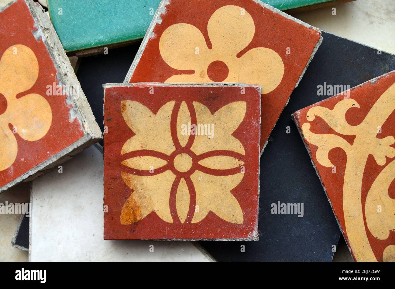 Variety of types and sizes of Victorian floor ceramic tiles Stock Photo