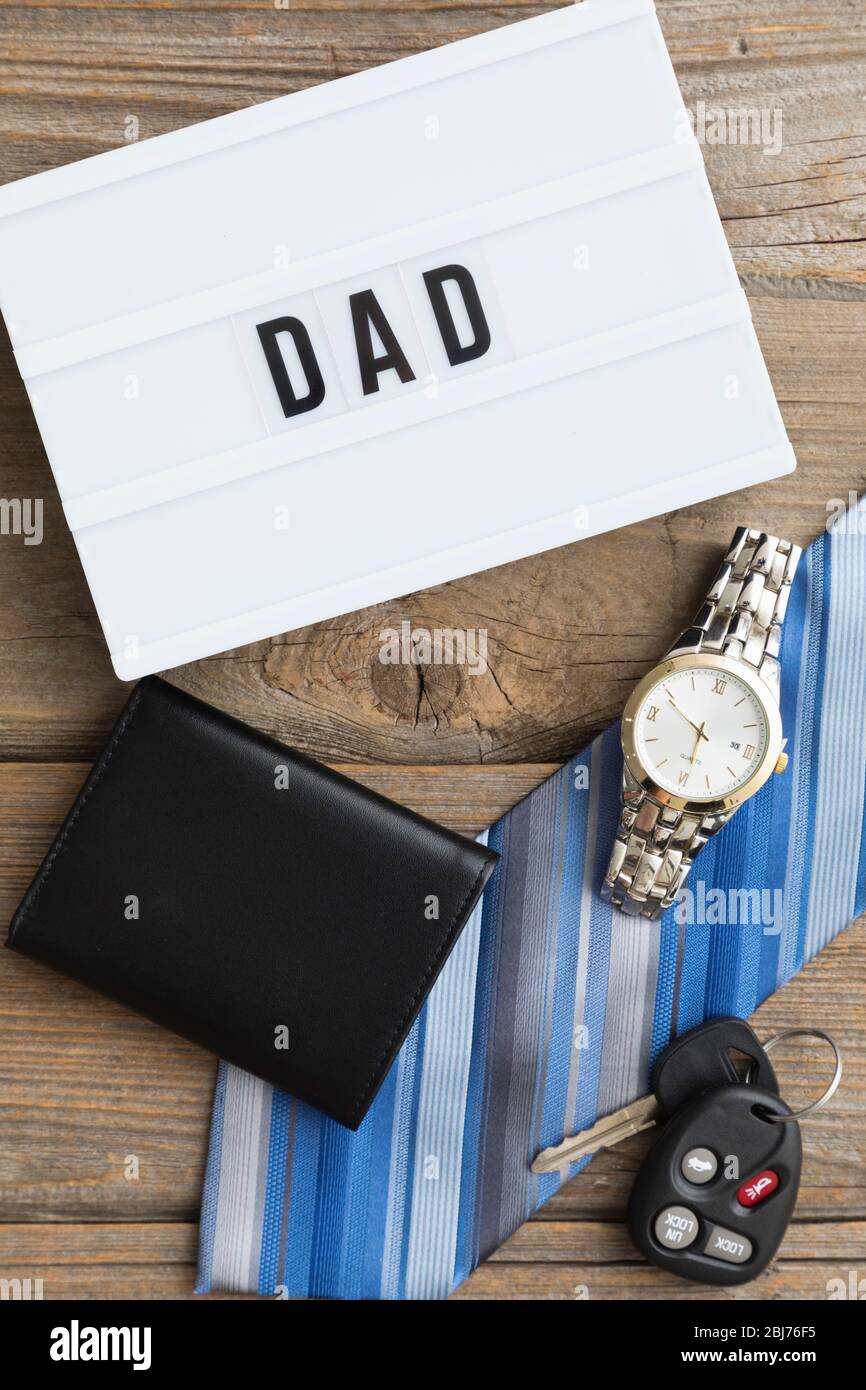 Man's personal items with sign Stock Photo