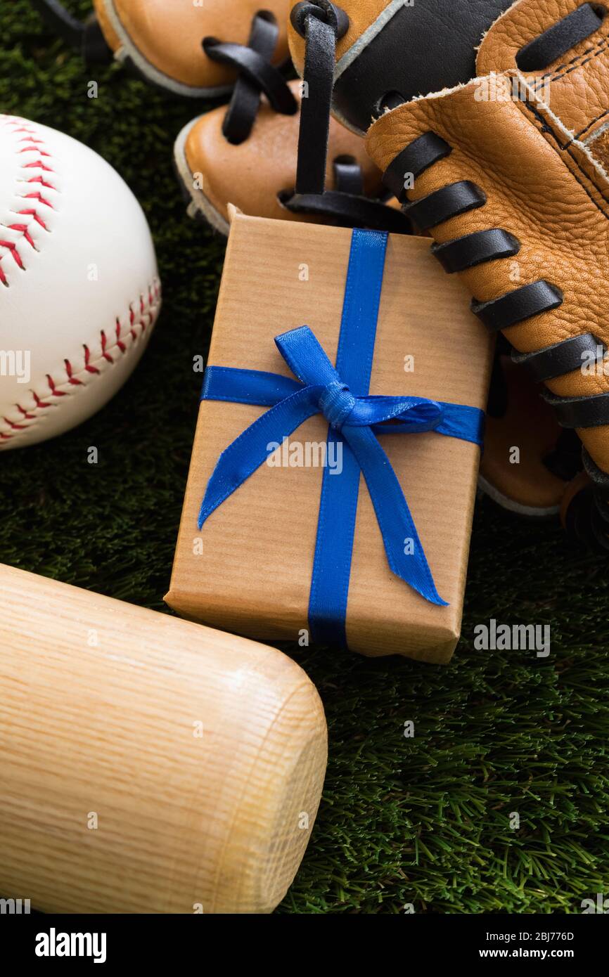 Gift wrapped in blue ribbon among baseball equipment on a grassy field ...