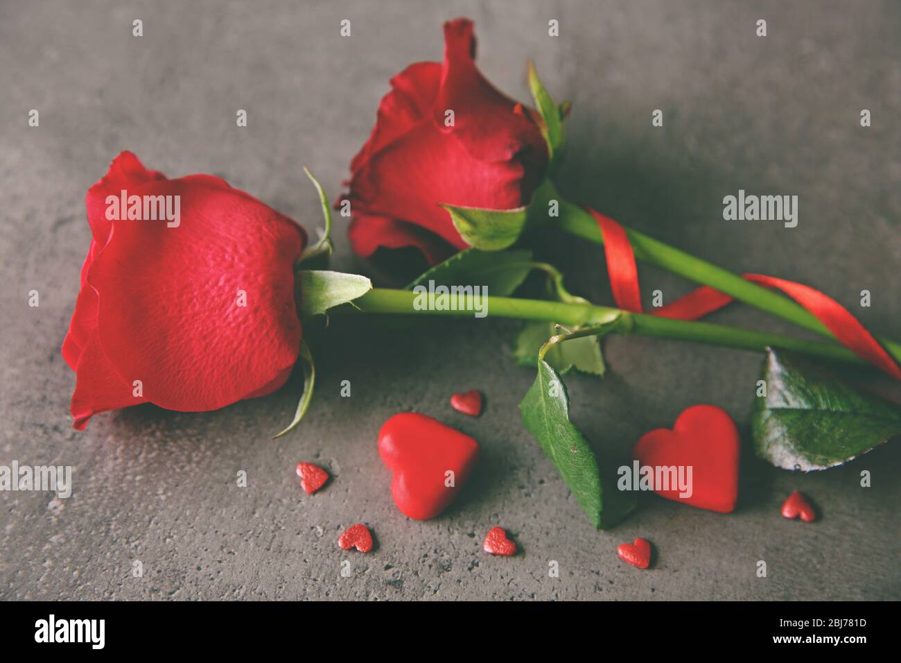 Beautiful red rose with small hearts on grey textured background Stock ...