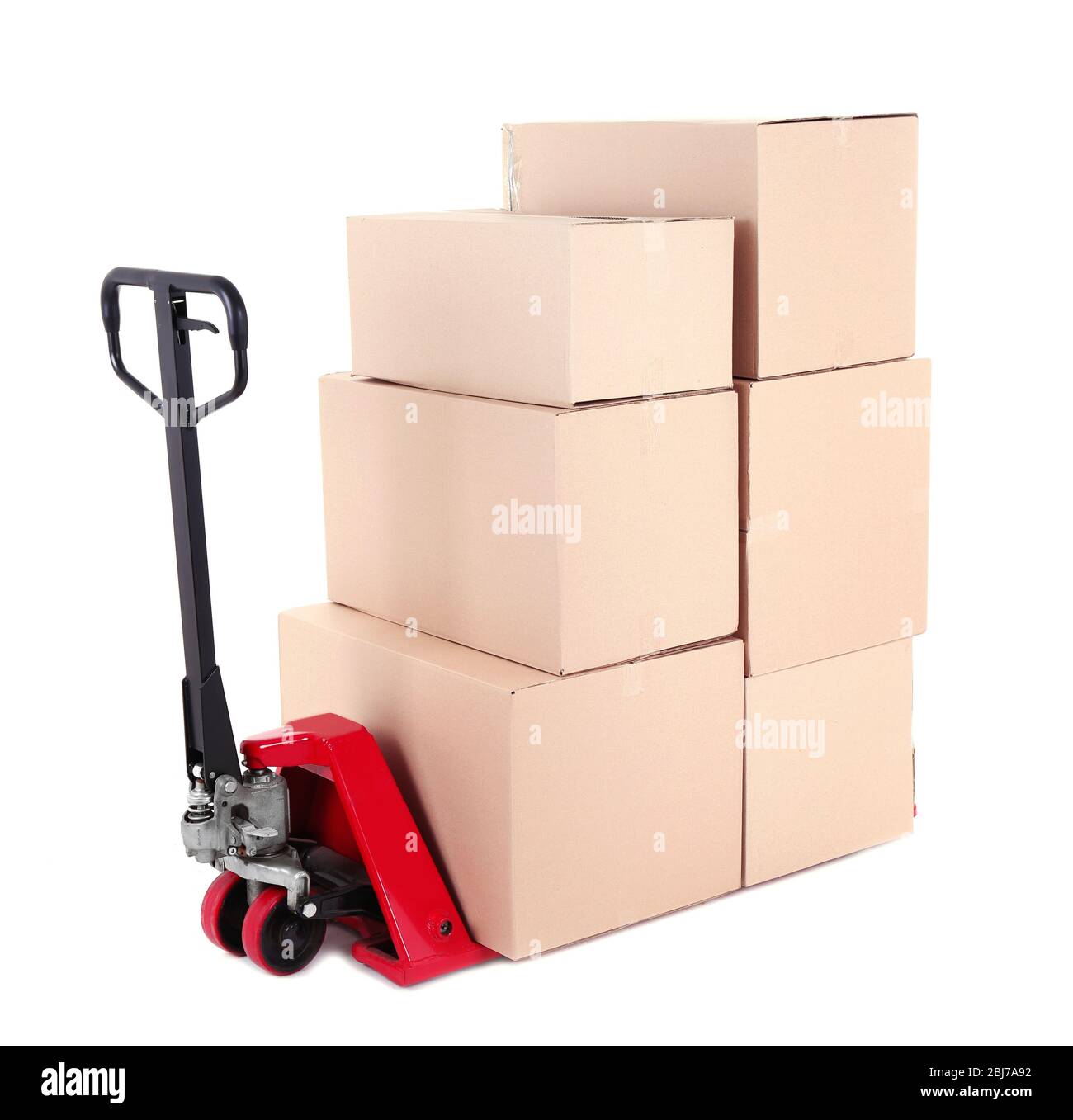 Fork pallet truck with stack of cardboard boxes isolated on white Stock Photo