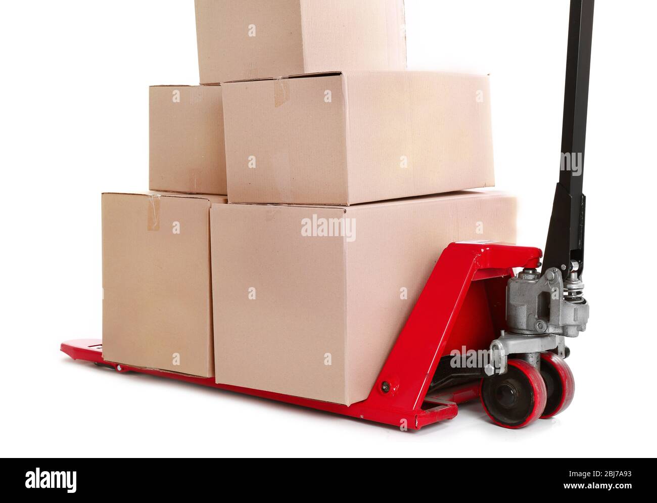 Fork pallet truck with stack of cardboard boxes isolated on white Stock Photo