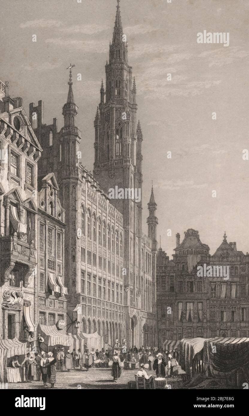 Brussels - Print shows a street scene with pedestrians along the front of the Brussels town hall (Hotel de Ville), circa 1831 Stock Photo