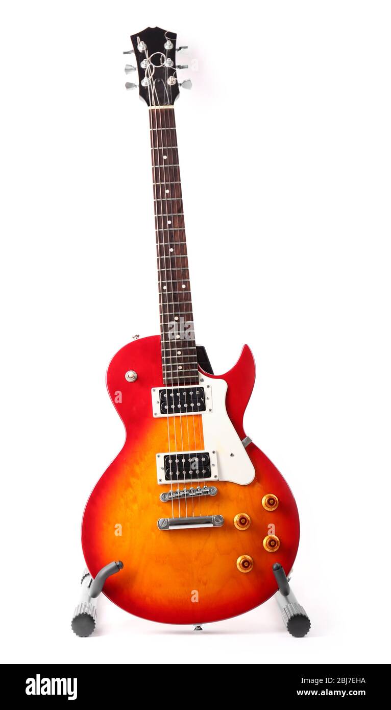 Electric guitar on a stand, isolated on white Stock Photo Alamy
