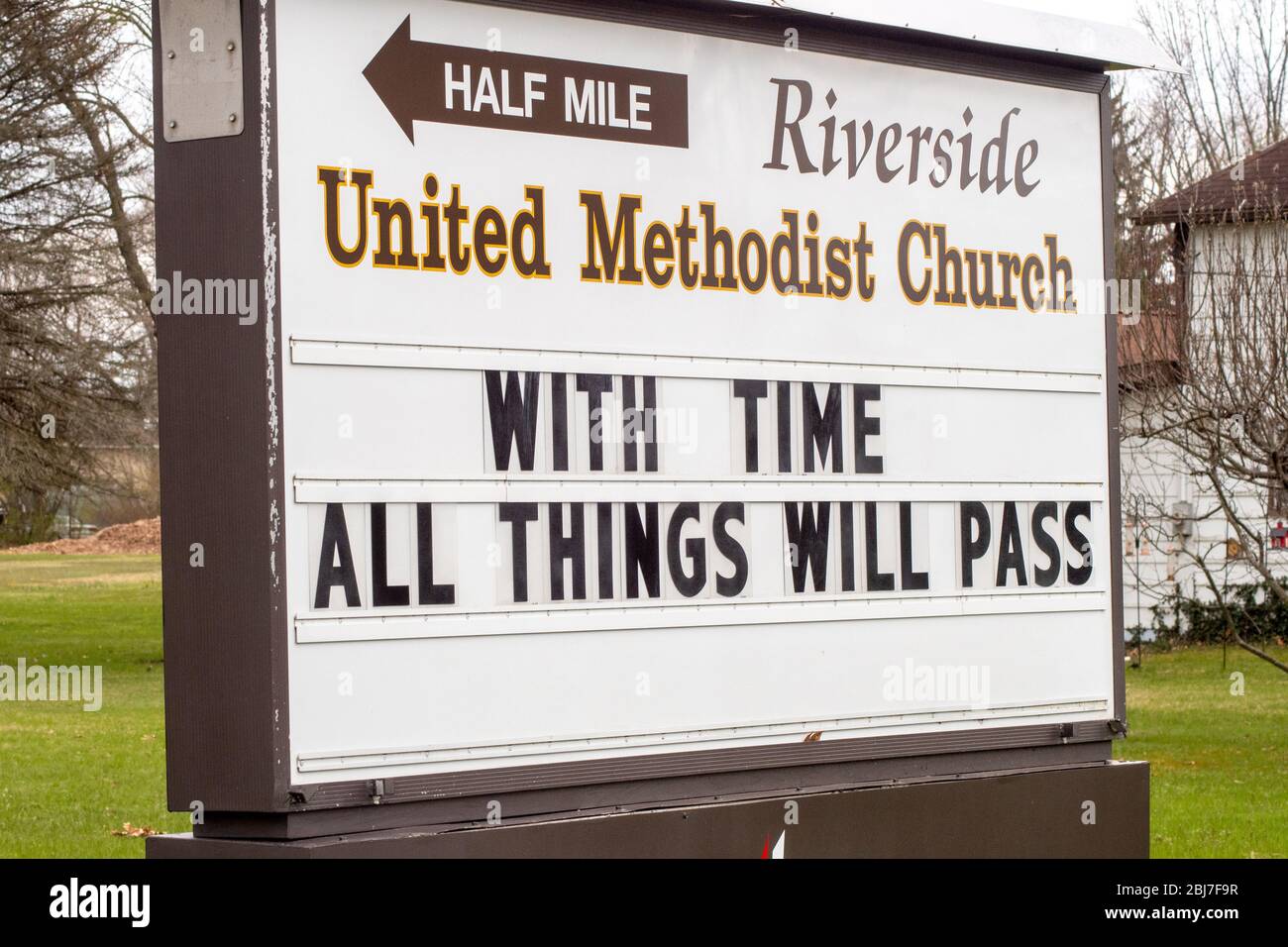Uplifting church message on a sign during the corona virus scare Stock Photo