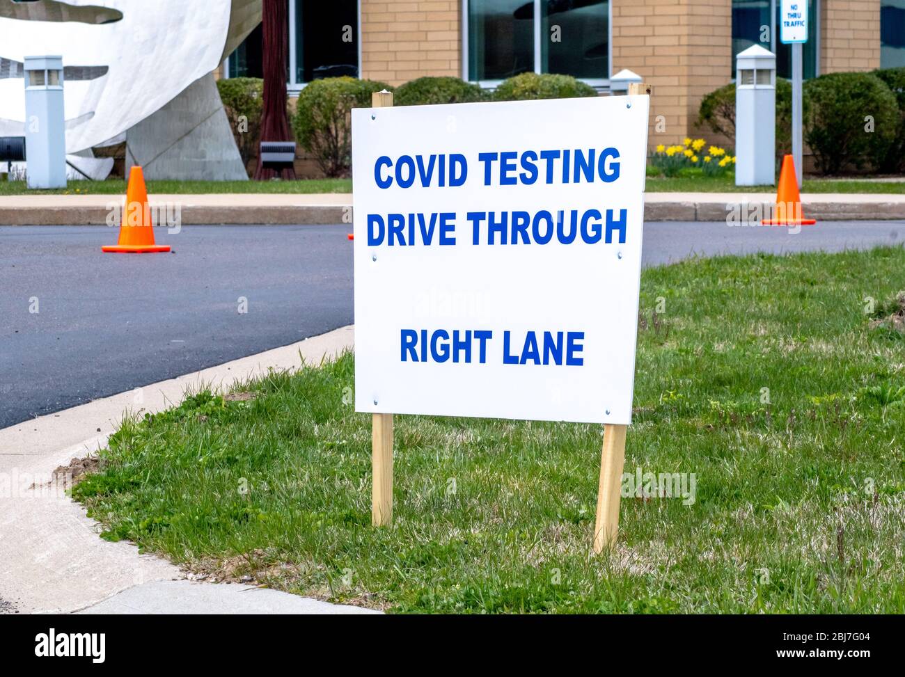Benton Harbor Michigan USA April 23 2020; A sign announces a drive through testing site for Covid-19 in Michigan USA, one of the hardest hit areas in Stock Photo
