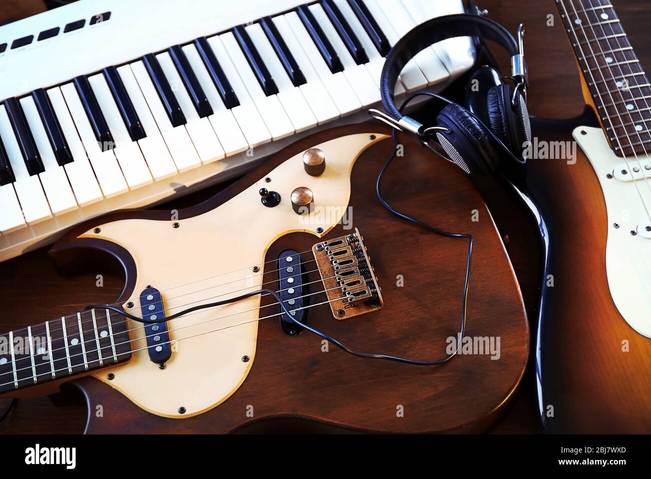 Electric guitars and synthesizer closeup Stock Photo Alamy
