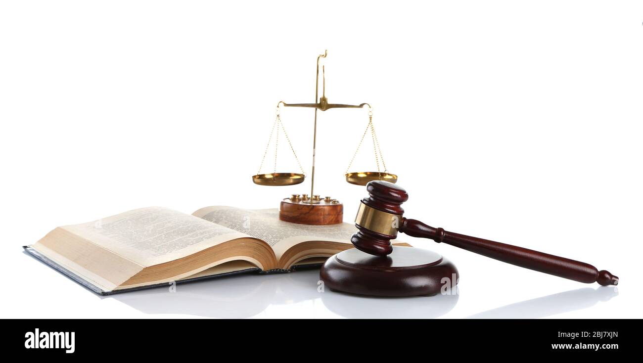Wooden gavel with justice scales and open book, isolated on white Stock ...